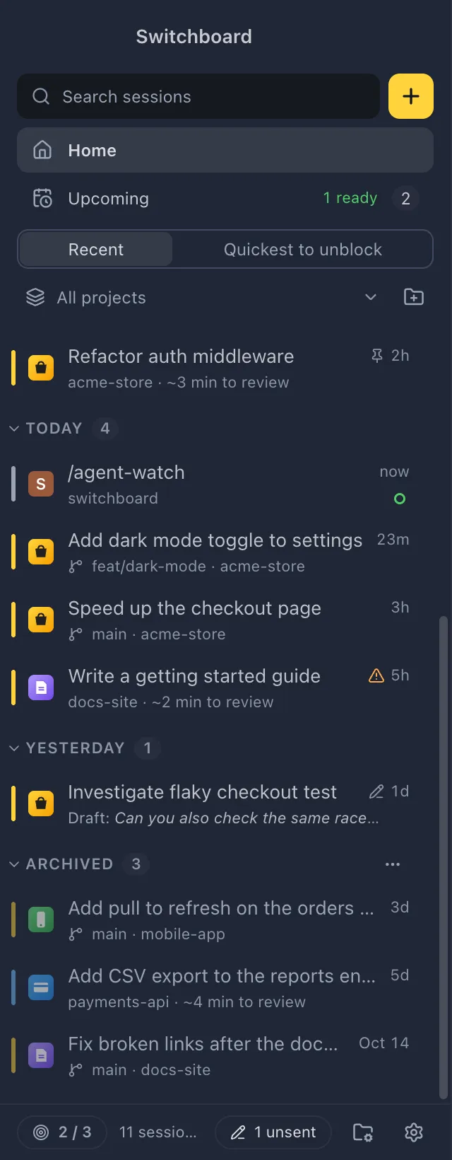 The sidebar with the Archived section opened under the other sessions, its sessions slightly faded