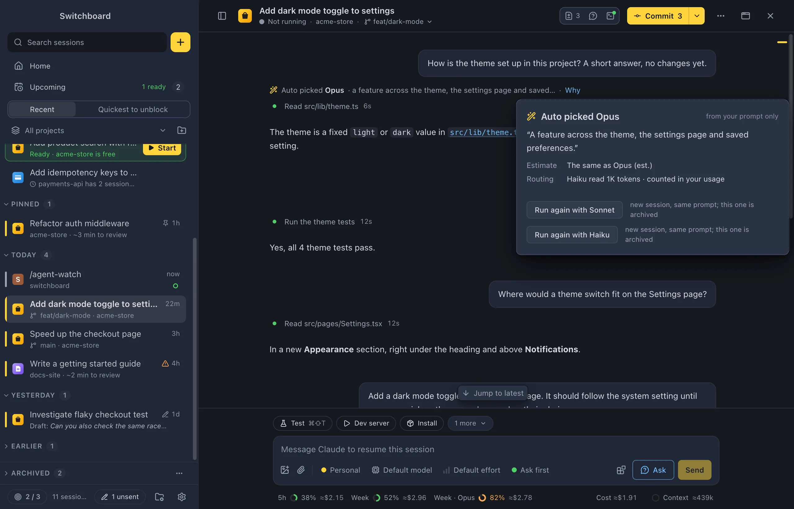 A session with the line 'Auto picked Opus' above Claude's first answer, and the popover from Why: the reason in quotes, an estimate against Opus, the Haiku tokens it used, and Run again with Sonnet and with Haiku