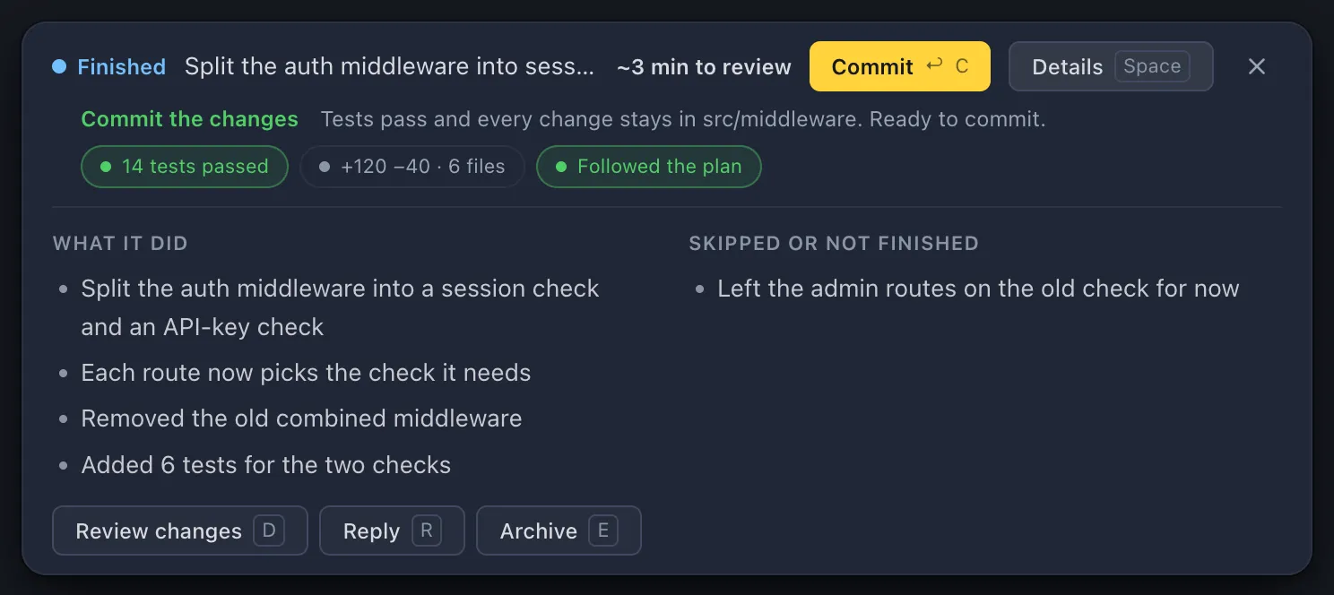 The banner with Details open: What it did and Skipped or not finished, then Review changes, Reply and Archive