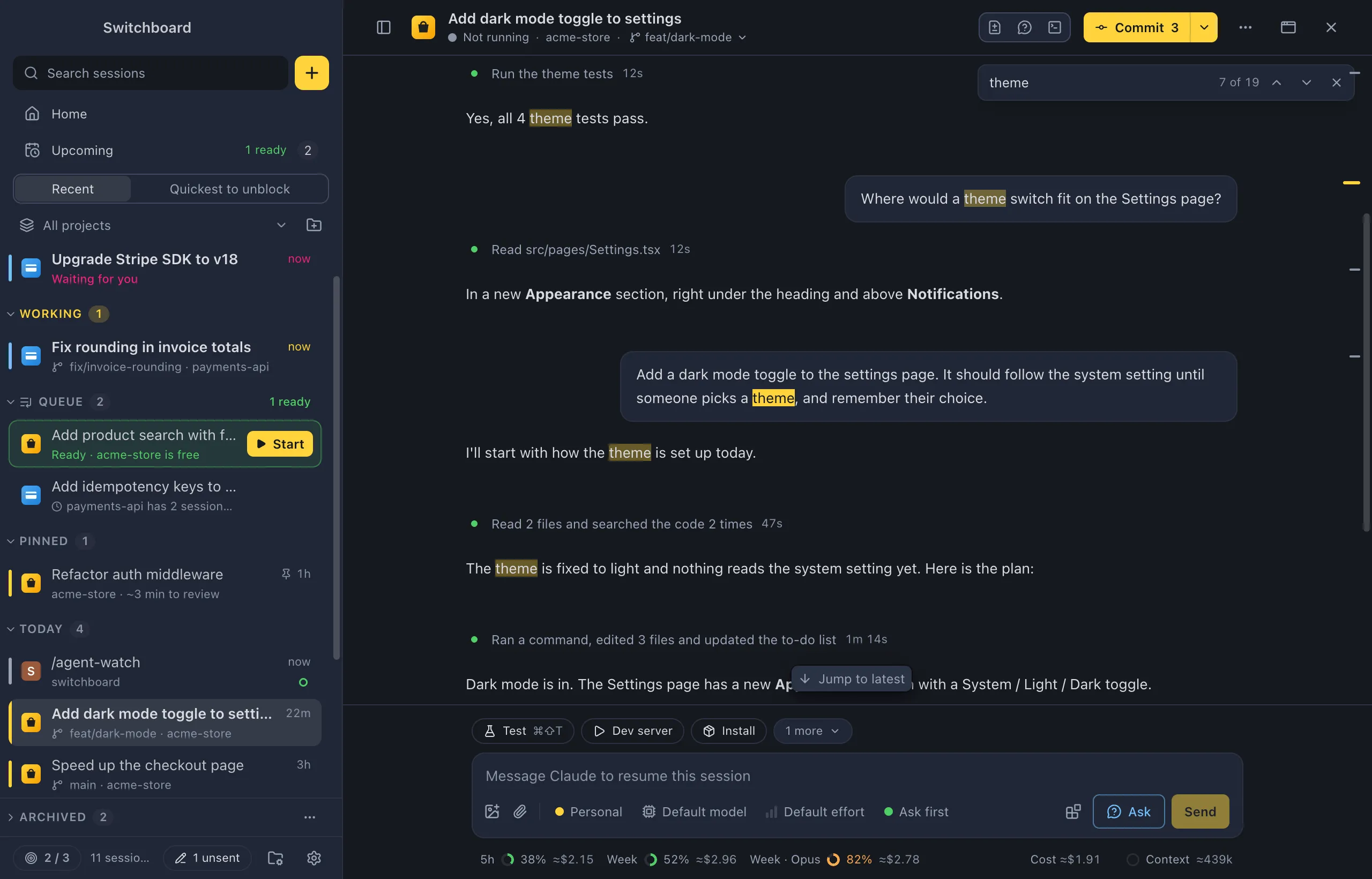 Find in conversation open over a session, with every match highlighted and the count of matches next to the field
