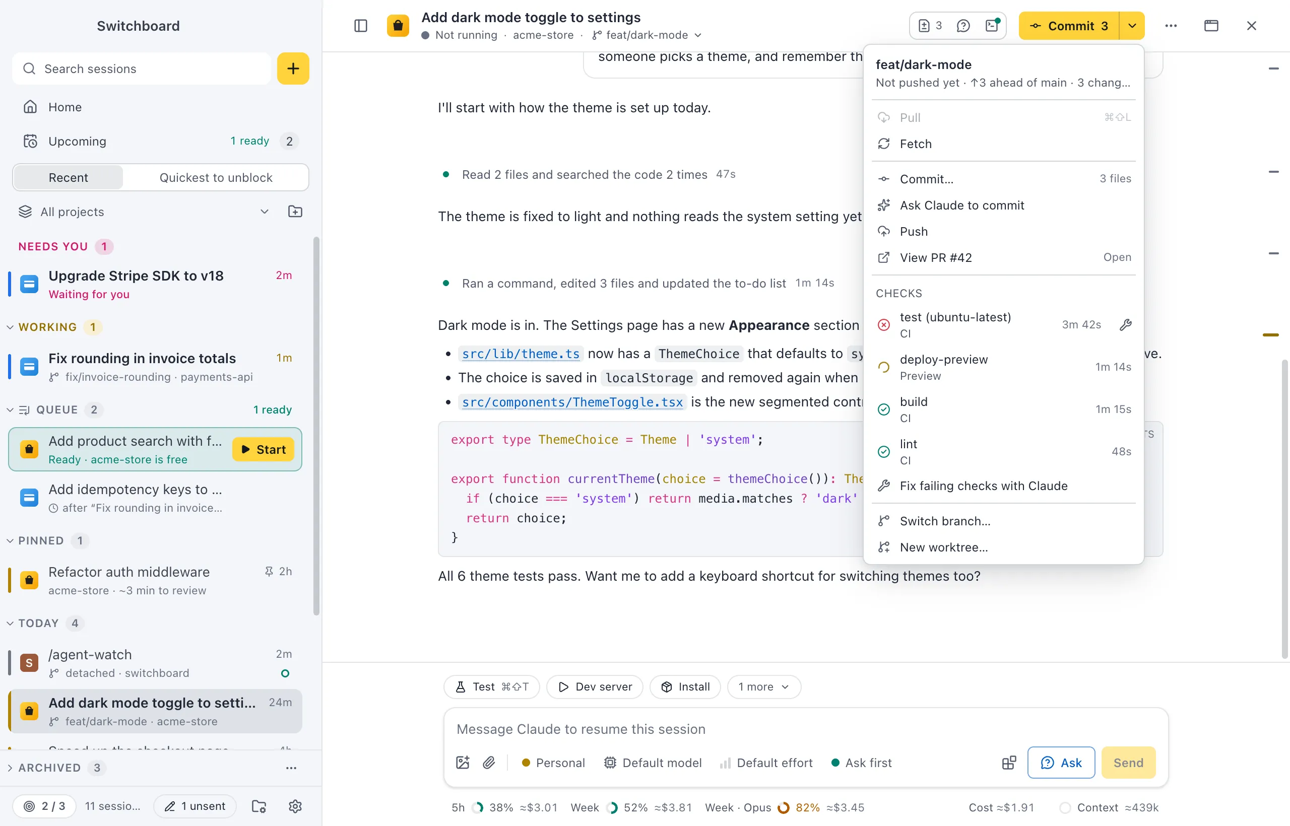 A session with the git button showing the pull request's checks, one failing, and Fix failing checks with Claude