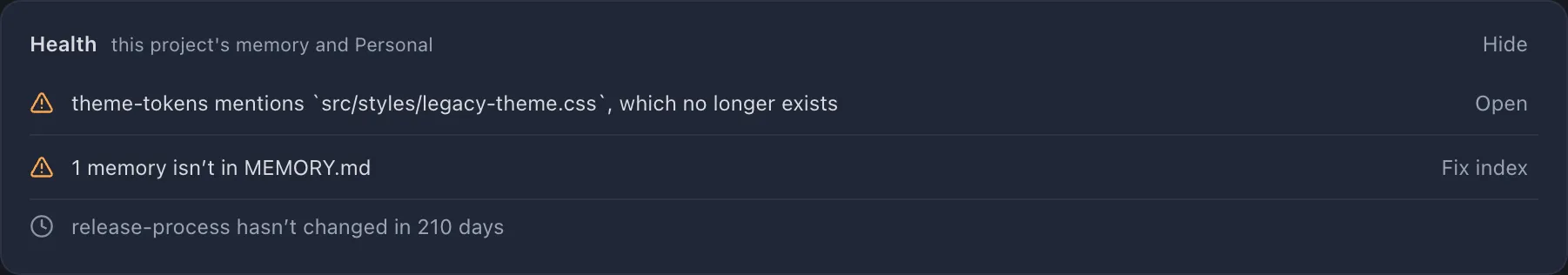 The health findings on the Memory tab: a memory that names a file that is gone with Open, two duplicates with Compare, MEMORY.md out of step with Fix index, and old memories listed without a button
