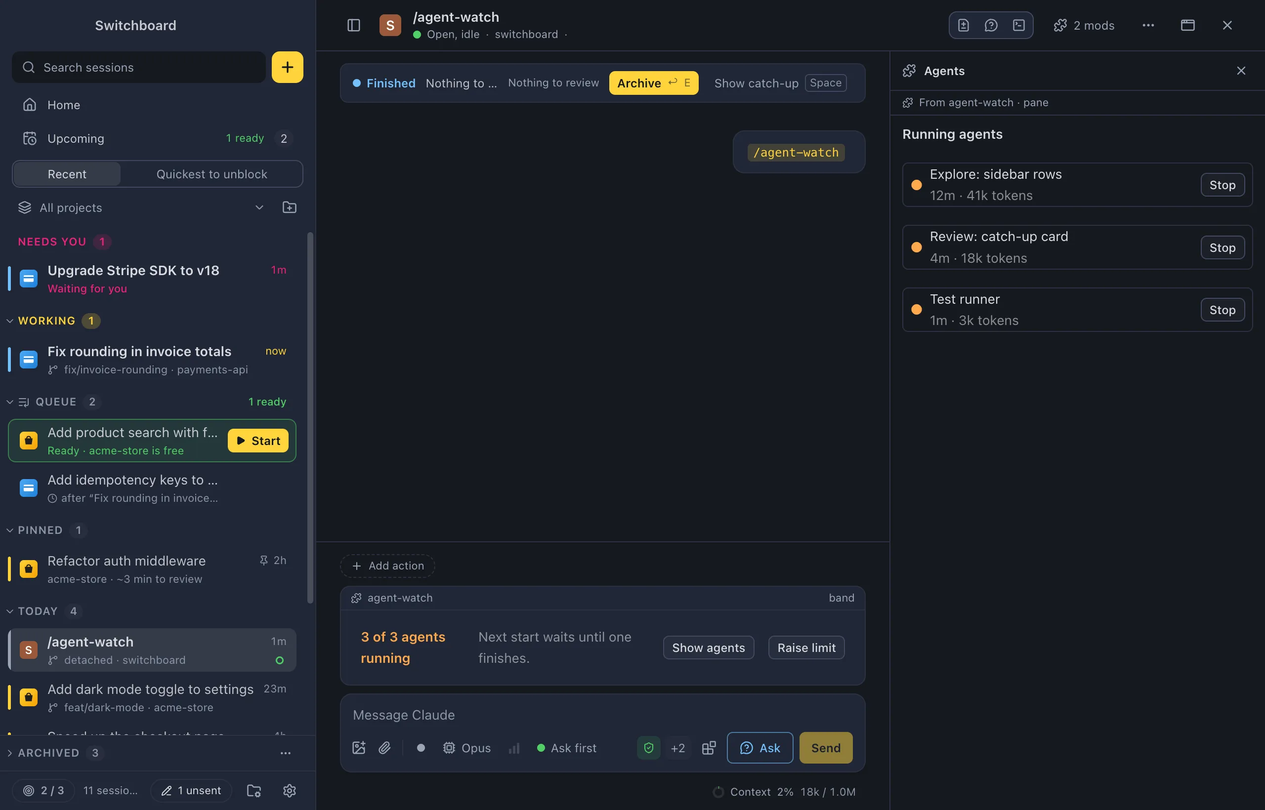 A session with two mods. Above the message box, a band from agent-watch says 3 of 3 agents running, with Show agents and Raise limit. On the right, the Agents pane from agent-watch lists three running agents, each with Stop. The header shows 2 mods