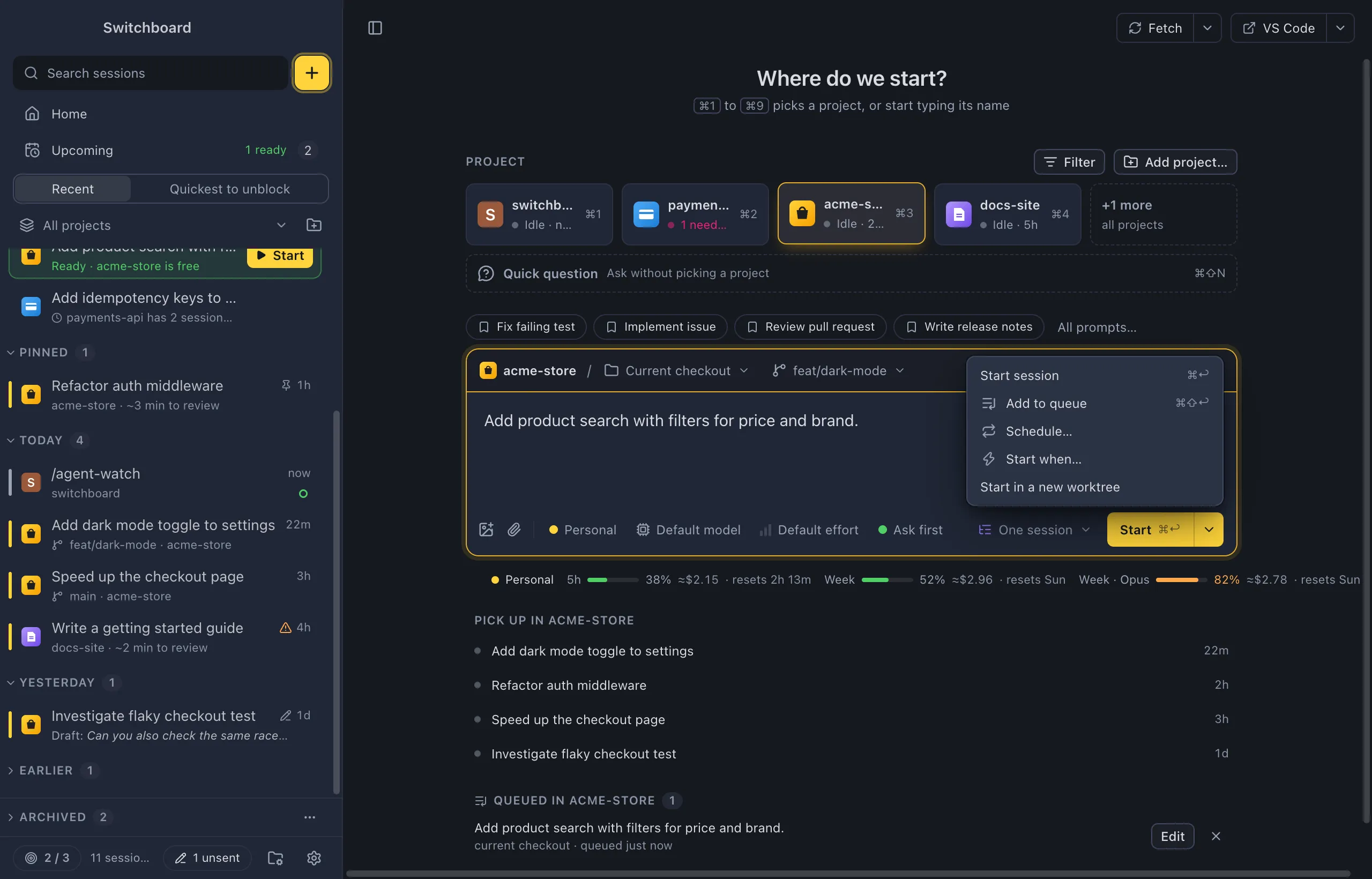 New session with New worktree chosen as the route: the strip shows the project, New worktree and the branch it starts from, and the menu shows the worktree's name field