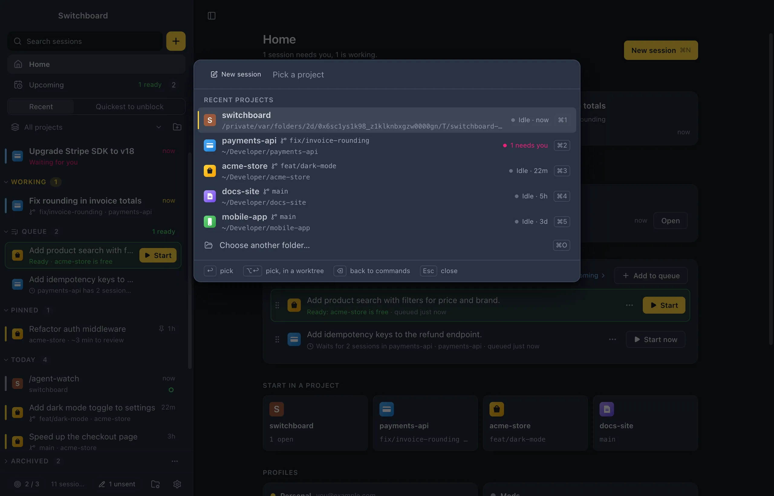 The palette's New session step: recent projects, each with its branch, its status and a shortcut for each of the first four
