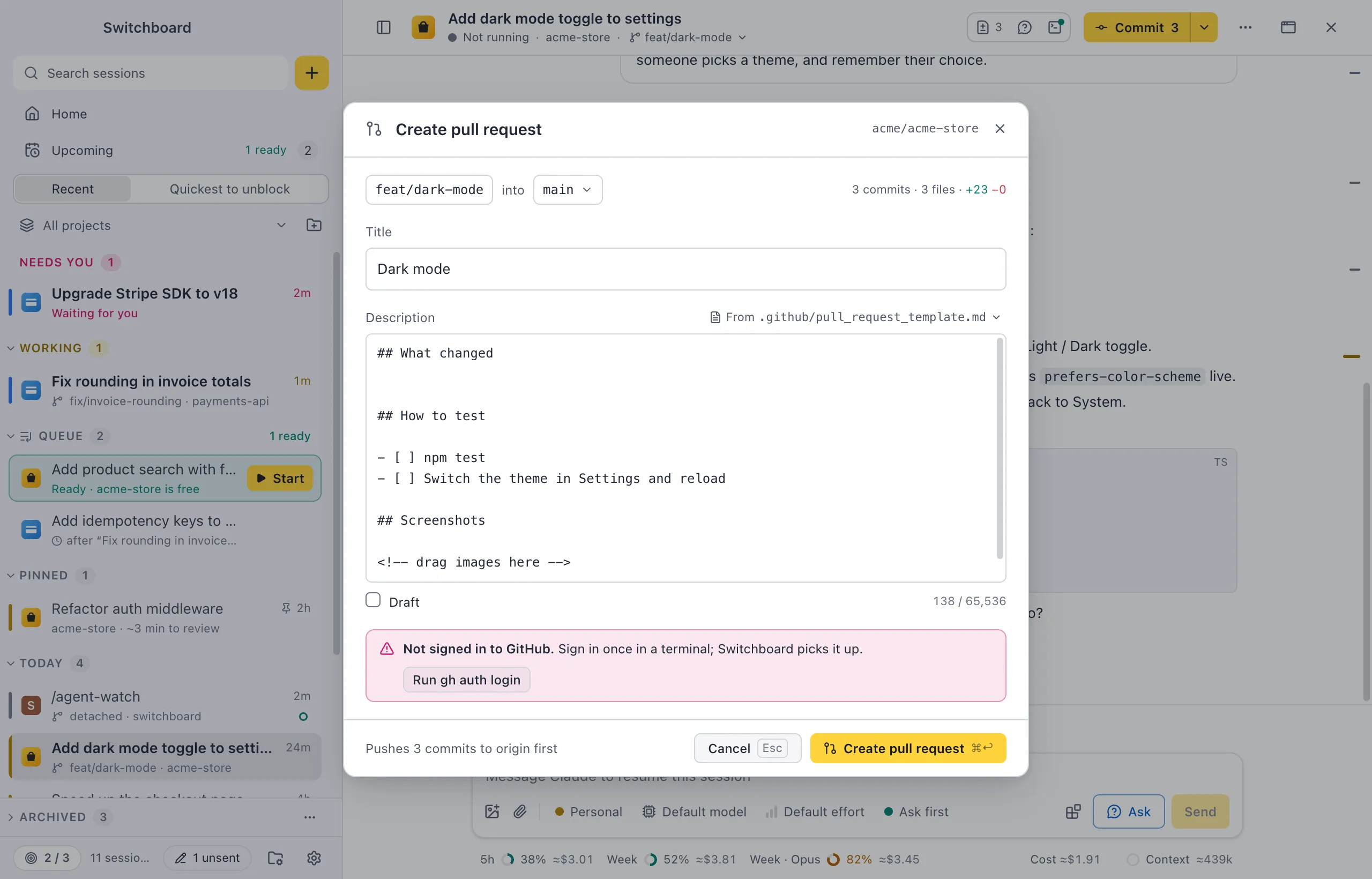 The Create pull request dialog with the notice Not signed in to GitHub. Sign in once in a terminal; Switchboard picks it up, and a Run gh auth login button