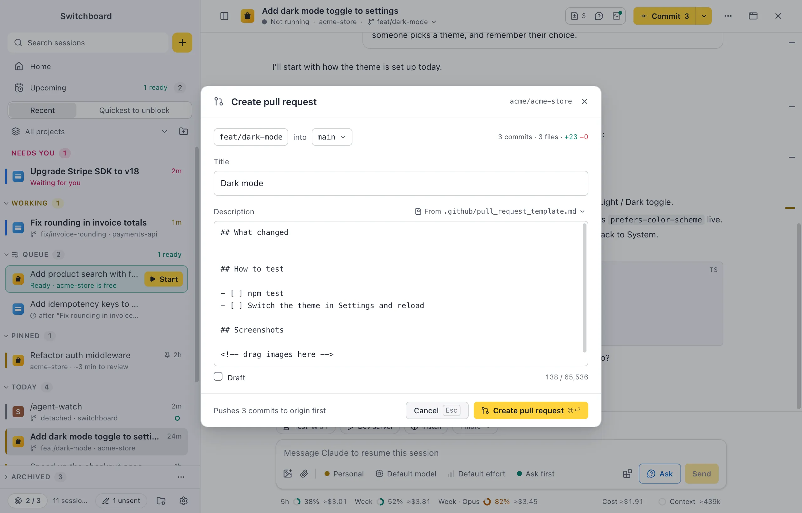 The Create pull request dialog over a session: feat/dark-mode into main with 3 commits and 3 files, the title Dark mode, the description from .github/pull_request_template.md, Draft, the counter 138 / 65,536 and Pushes 3 commits to origin first next to Cancel and Create pull request