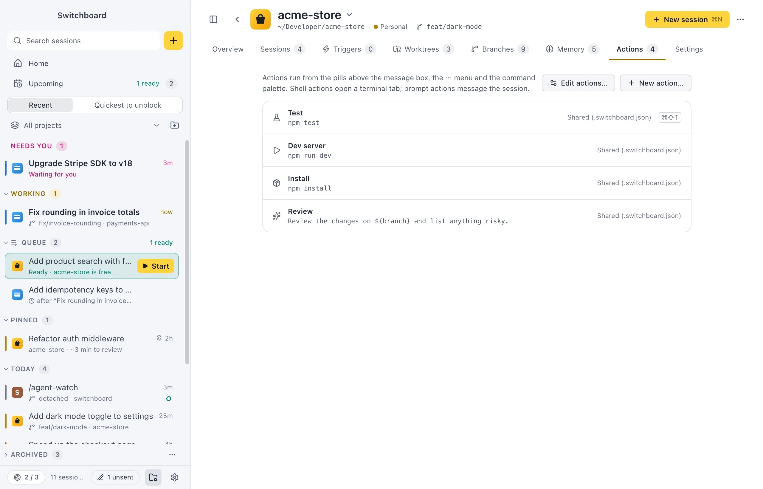 The Actions tab of acme-store: a list of actions such as Test, Dev server, Install and Review, each with its icon, command, where it is saved and its shortcut, with Edit actions and New action buttons