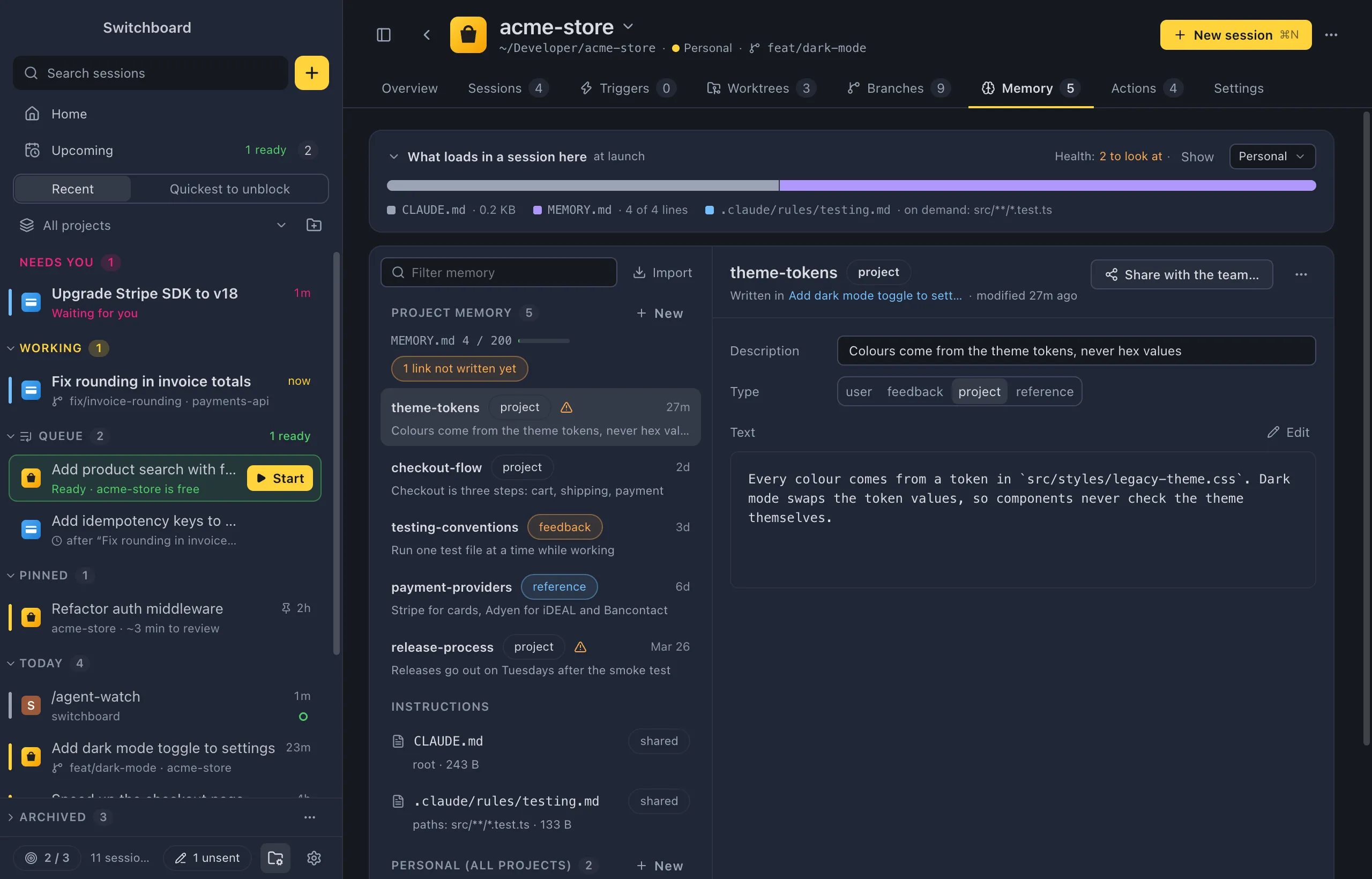 A project's Memory tab: what loads in a session at the top, the project's memories with their type, the instructions the team shares, and personal memory