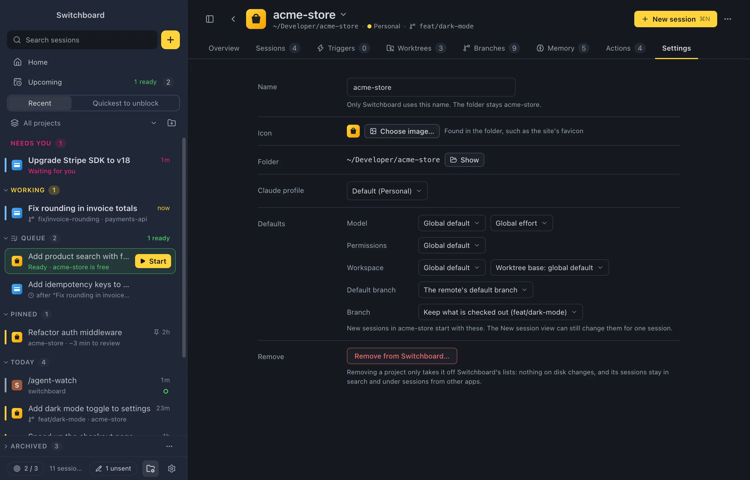 The Settings tab of acme-store: Name, Icon with Choose image, Folder with Show, Claude profile, the defaults (Model and Effort, Permissions, Workspace with the worktree base, Default branch), and Remove from Switchboard