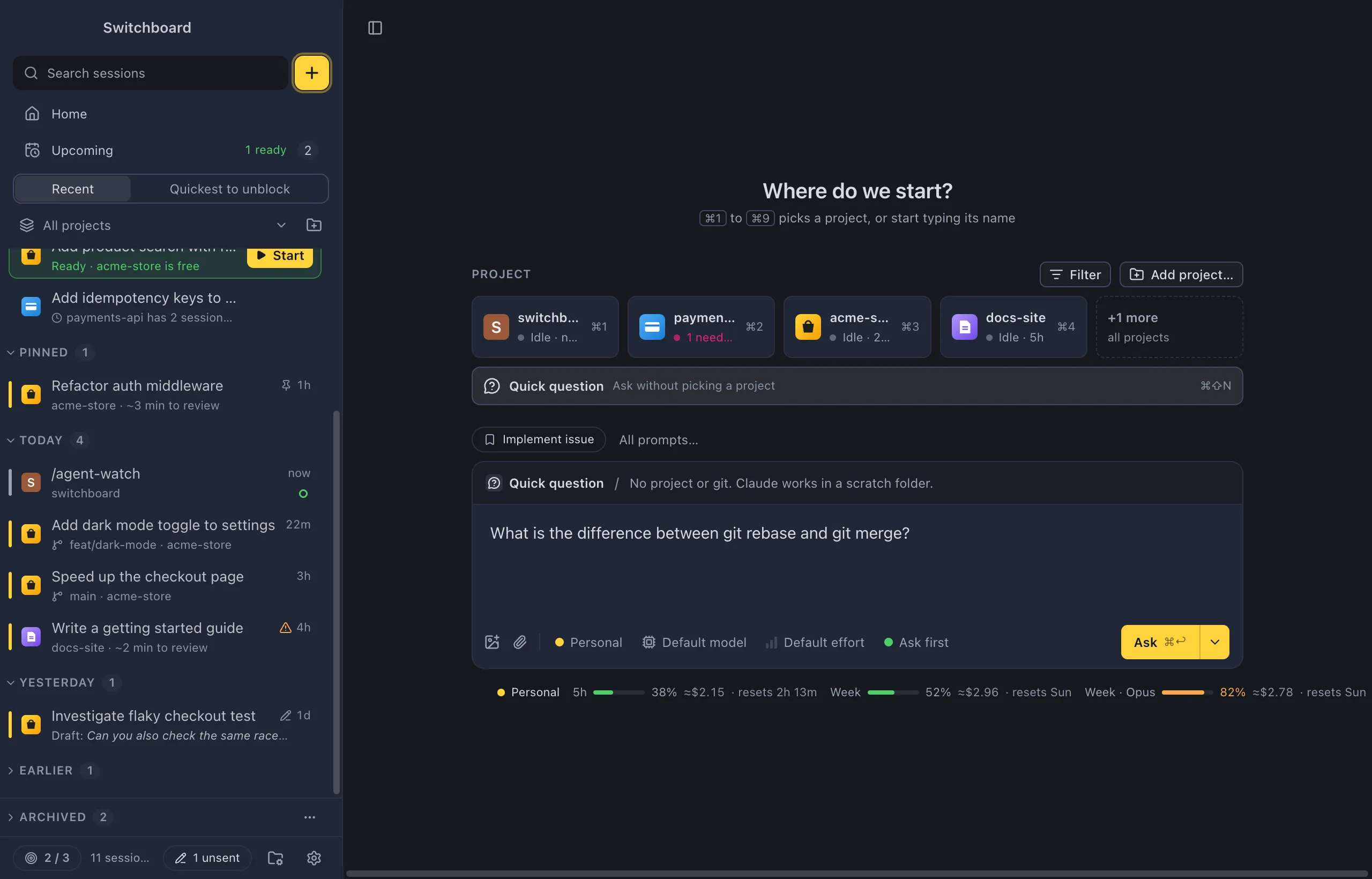 New session in Quick question mode: the strip above the message box says Quick question and No project or git. Claude works in a scratch folder, and the message box says Ask Claude anything