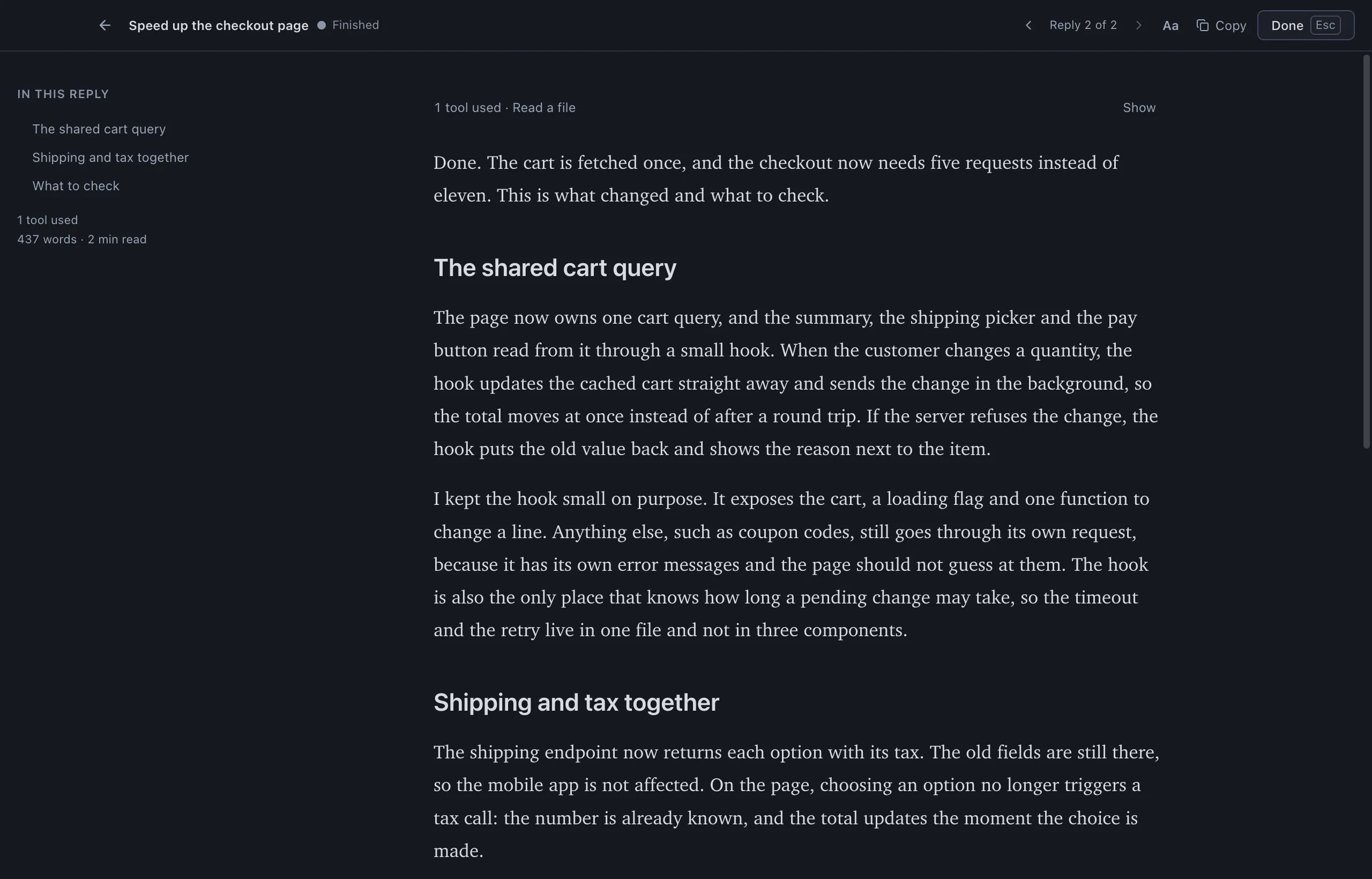 Reading mode: a long reply on its own in the full window, with the In this reply outline of its headings on the side