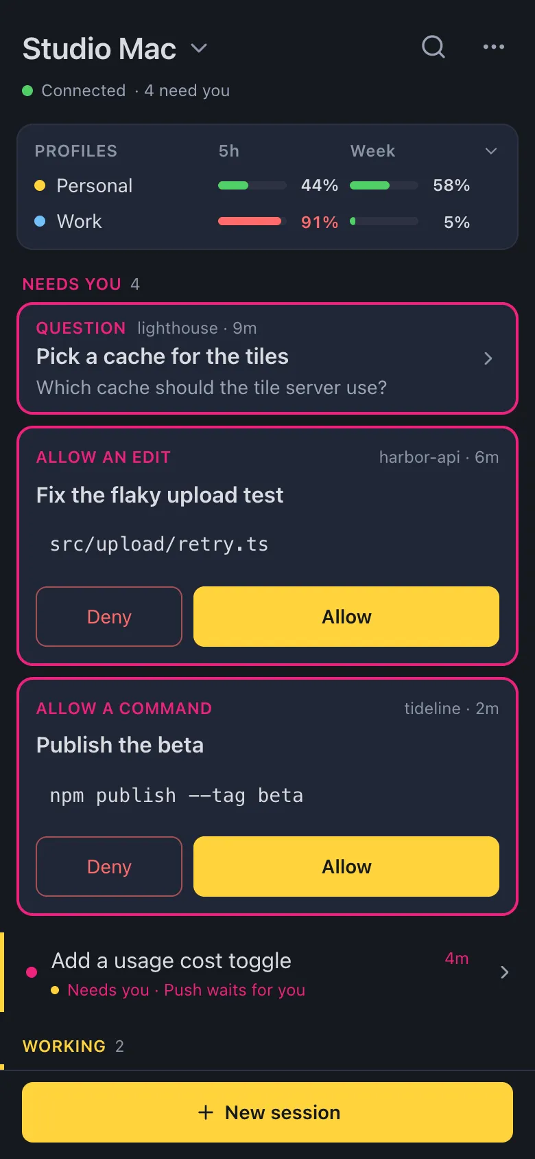 The remote app on a phone: what needs you, what is working, and the usage of every profile