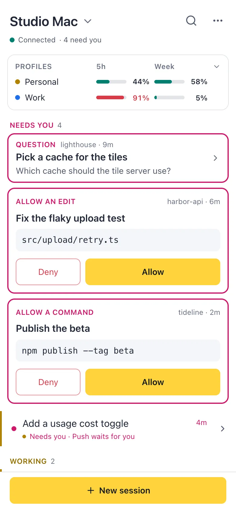 The remote app on a phone: what needs you, what is working, and the usage of every profile