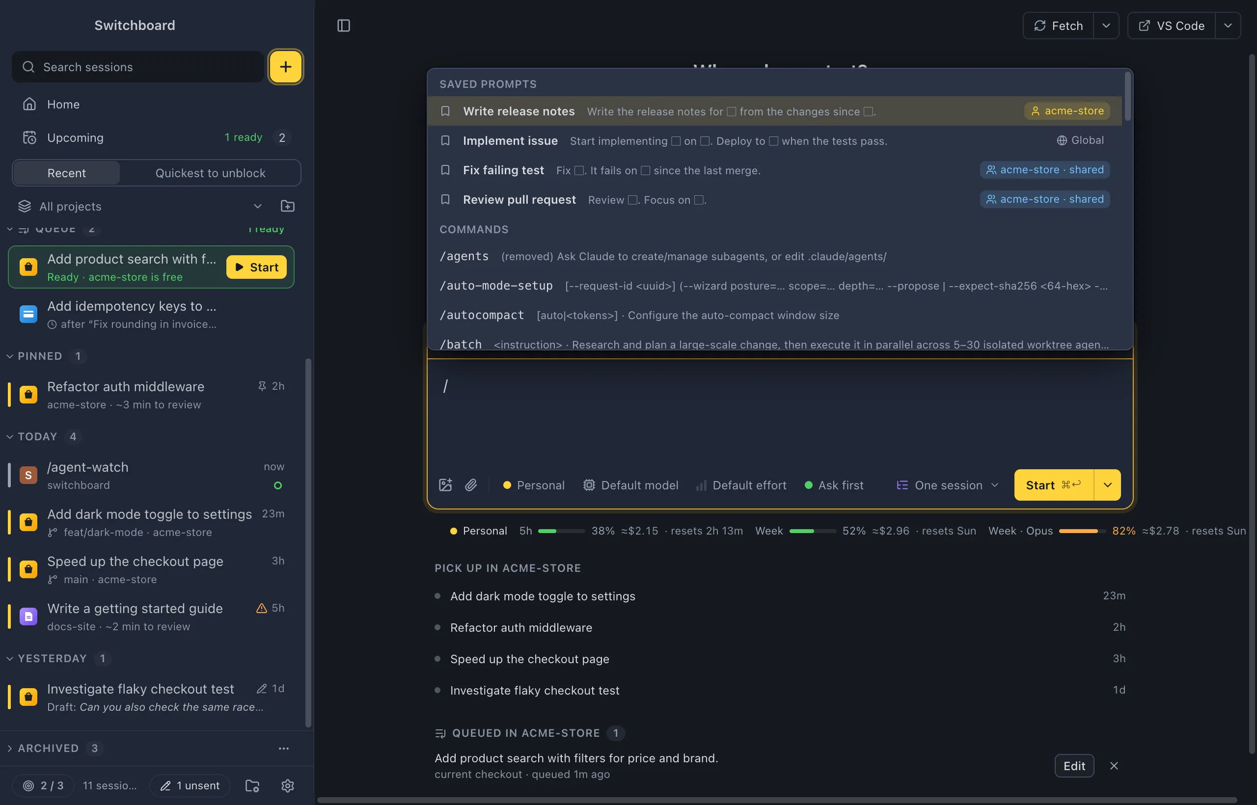 The / list in New session: Saved prompts first, each with its name, the start of its text with blanks as boxes, and where it is kept, then Commands