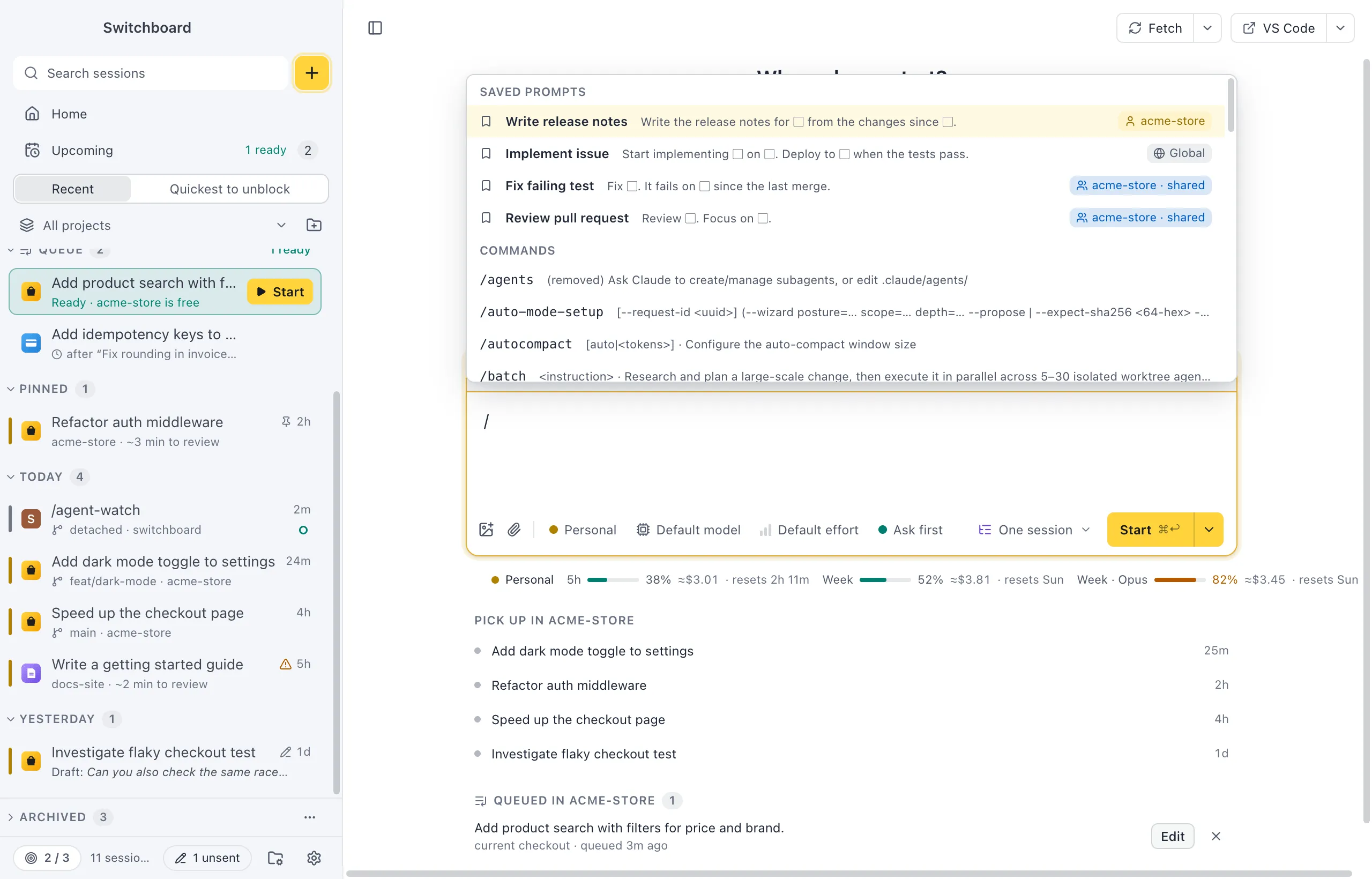 The / list in New session: Saved prompts first, each with its name, the start of its text with blanks as boxes, and where it is kept, then Commands