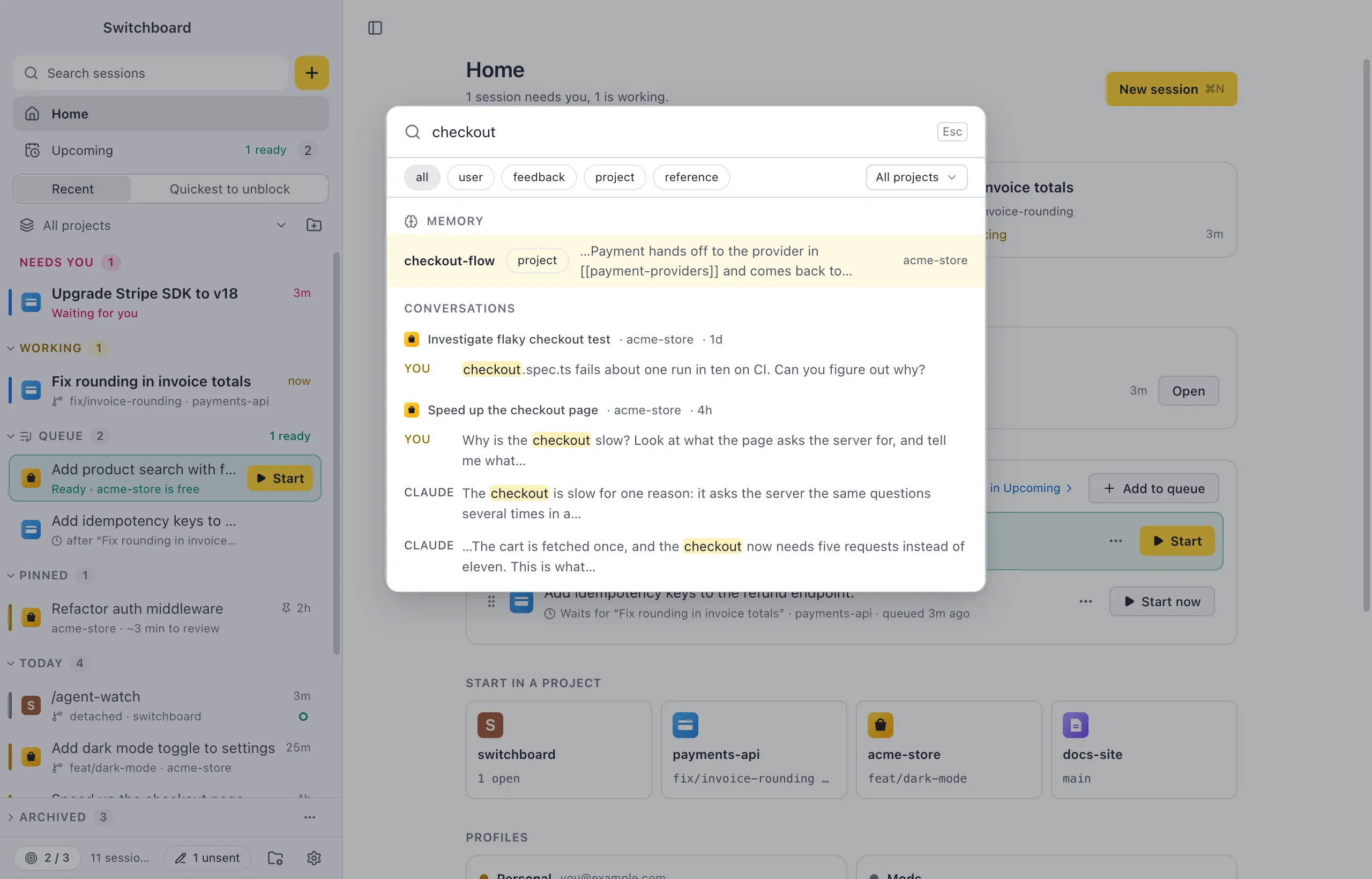Search with the Memory group of results above the conversations: each memory with its type and project, and chips for all, user, feedback, project and reference