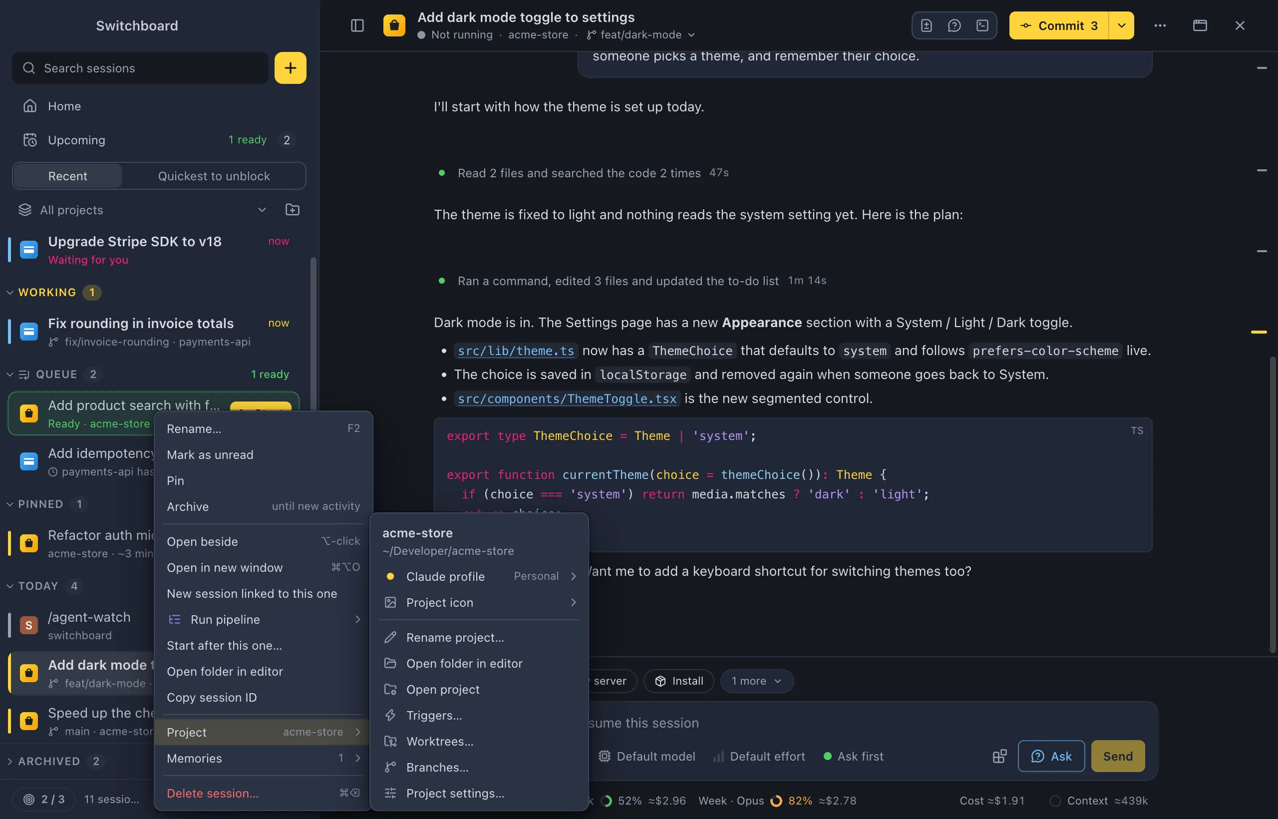 A session's menu in the sidebar with its Project submenu open: the project's name and folder, Claude profile and Project icon, then Rename project…, Open folder in editor, Open project, Worktrees…, Branches… and Project settings…