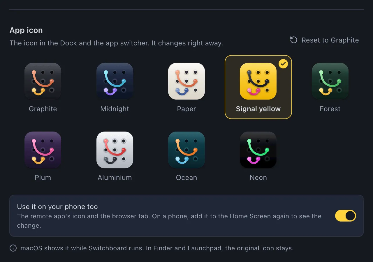 The App icon section: nine icon tiles with Signal yellow chosen, Reset to Graphite, and a note on where the original icon stays