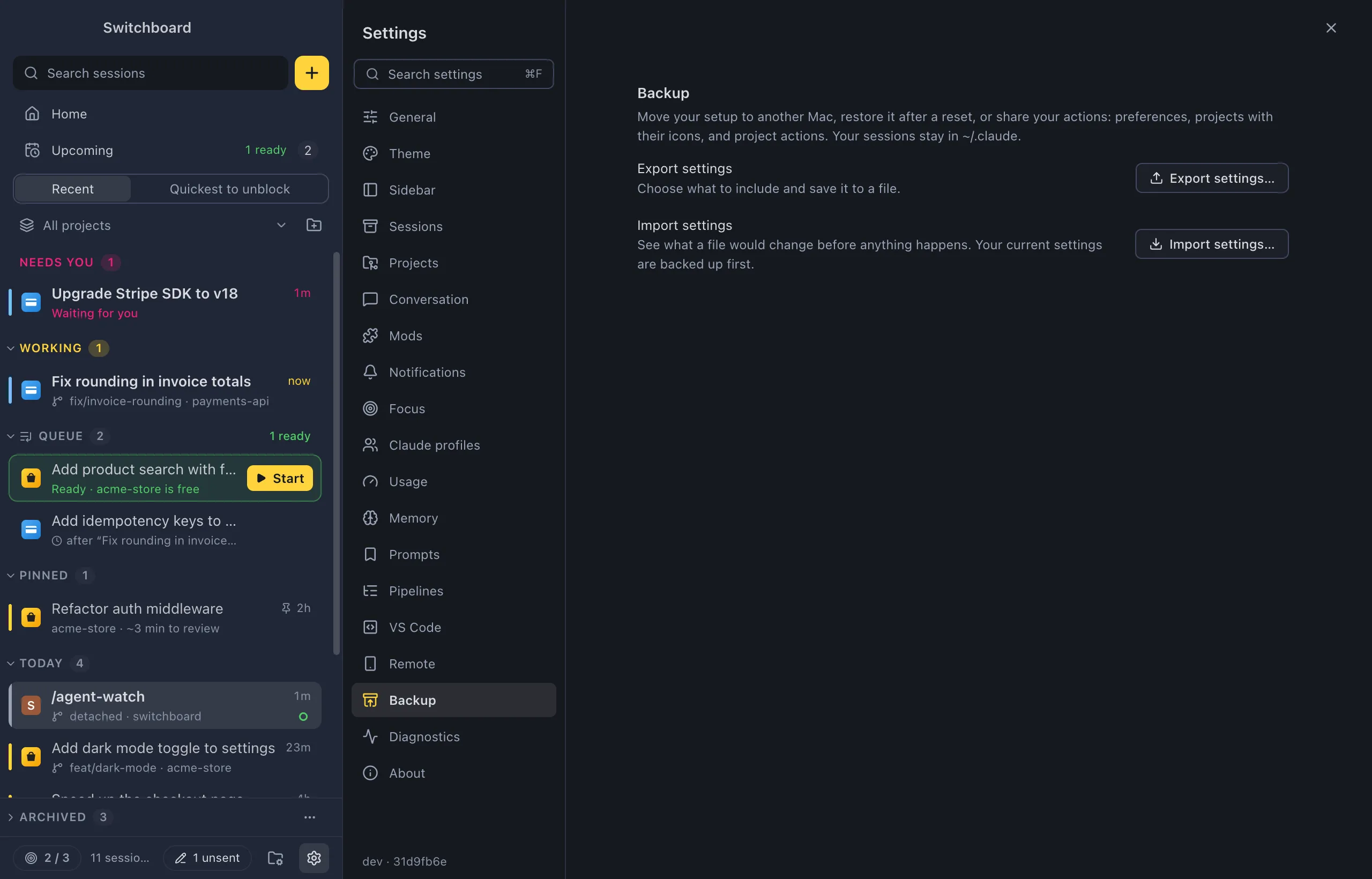 Settings on Backup: Export settings with an Export settings… button, and Import settings with an Import settings… button