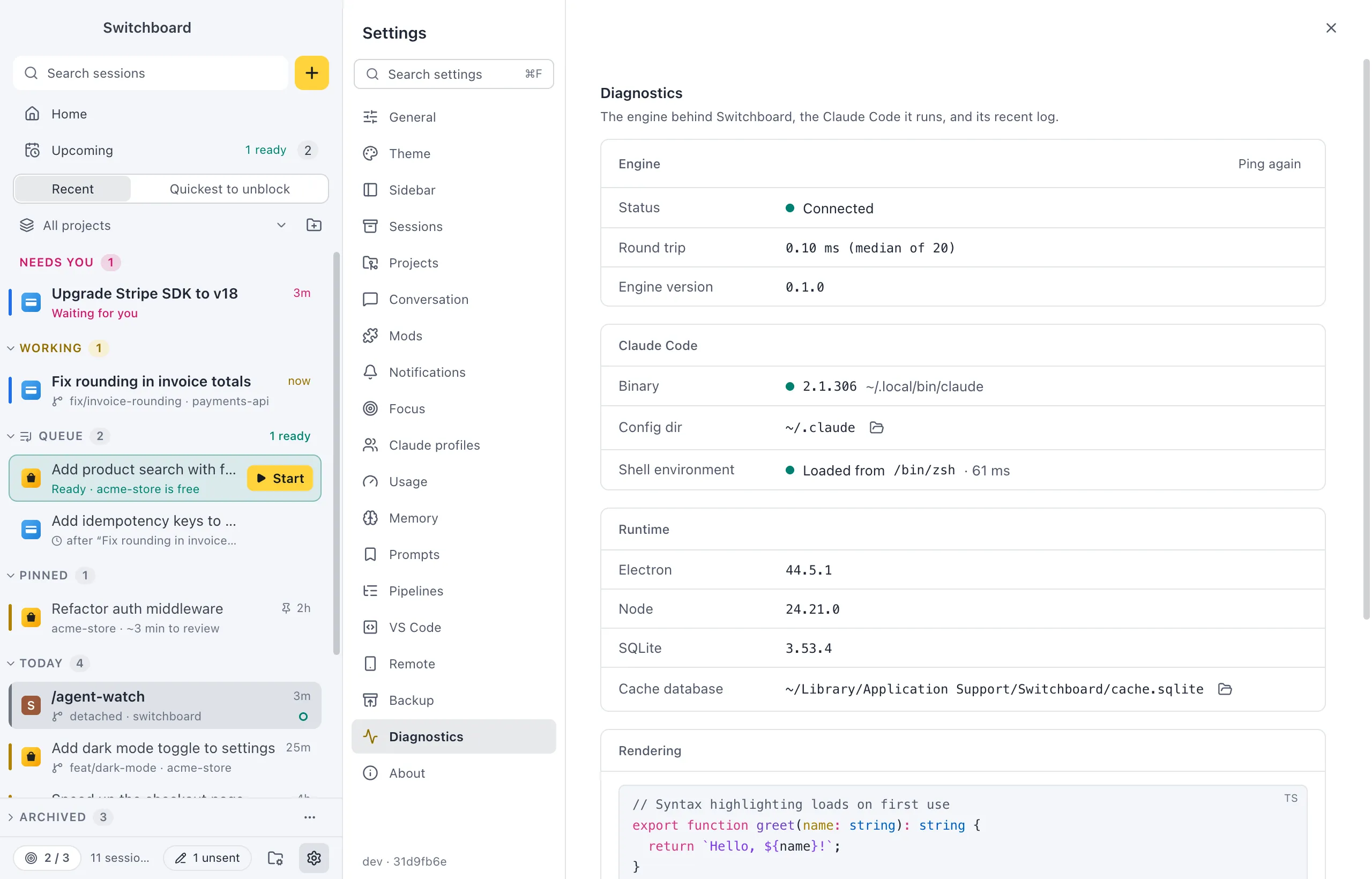 Settings on Diagnostics: the Engine, Claude Code and Runtime cards, a Rendering sample and the Engine log