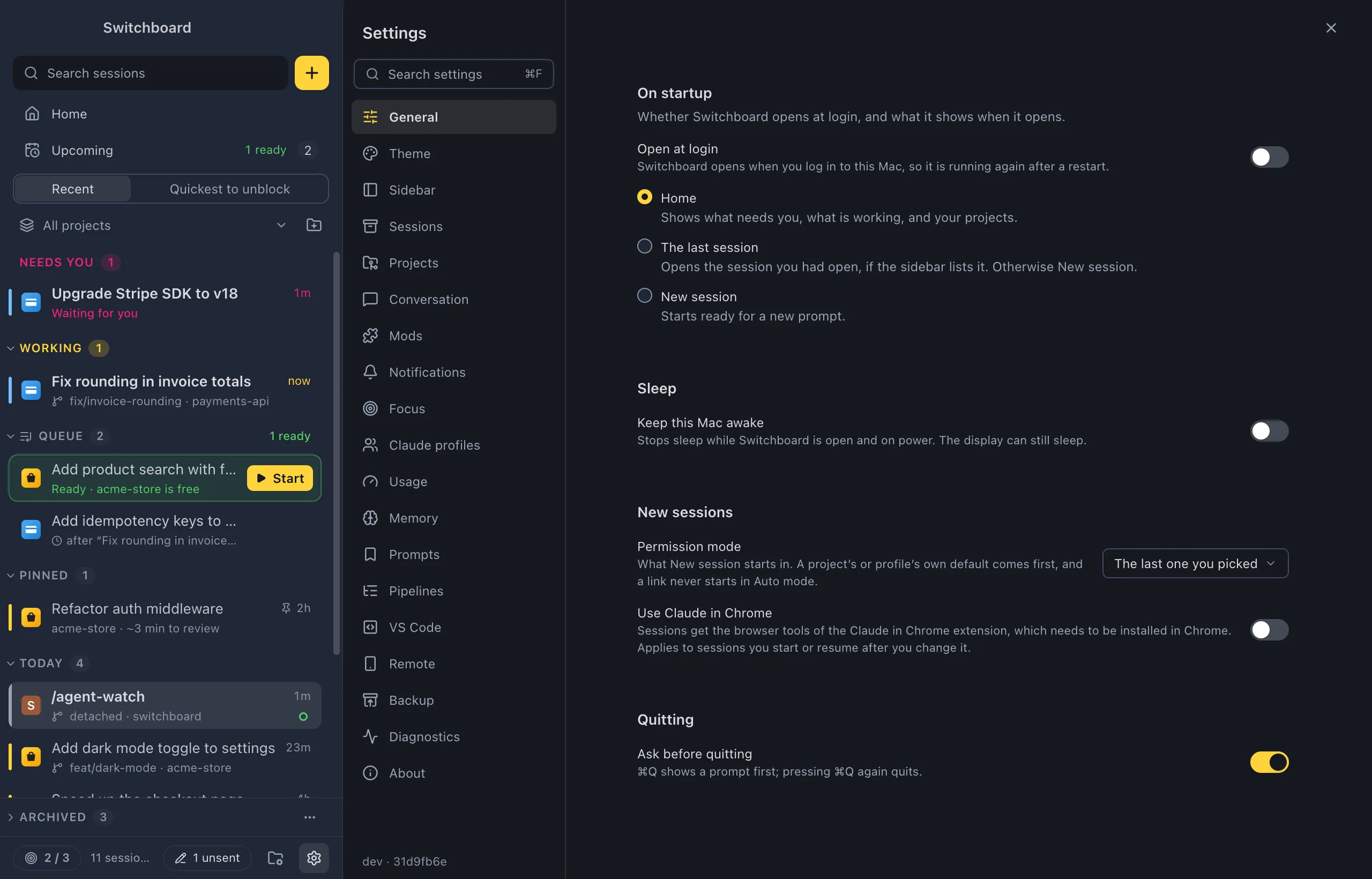 Settings on General: On startup with the Open at login switch, Home, The last session and New session, the Keep this Mac awake switch under Sleep, the permission mode for new sessions, and the Ask before quitting switch
