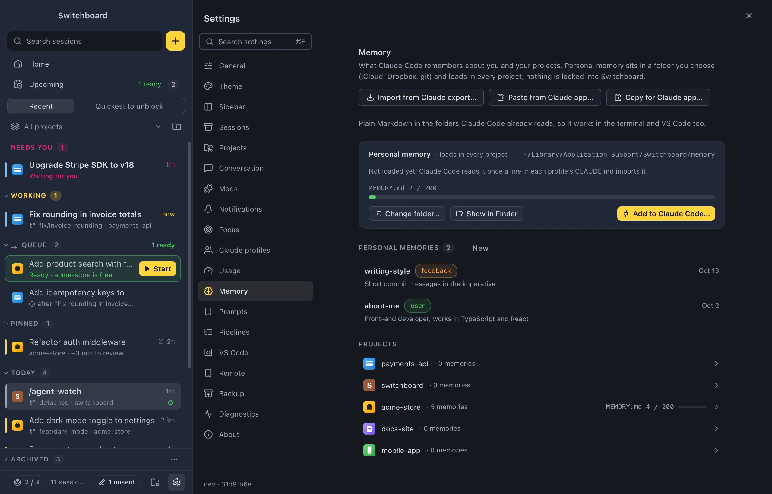 Settings on Memory: Import from Claude export, Paste from Claude app and Copy for Claude app, the Personal memory card with its folder, MEMORY.md meter and Remove from Claude Code, the Personal memories list and every project with its memory count