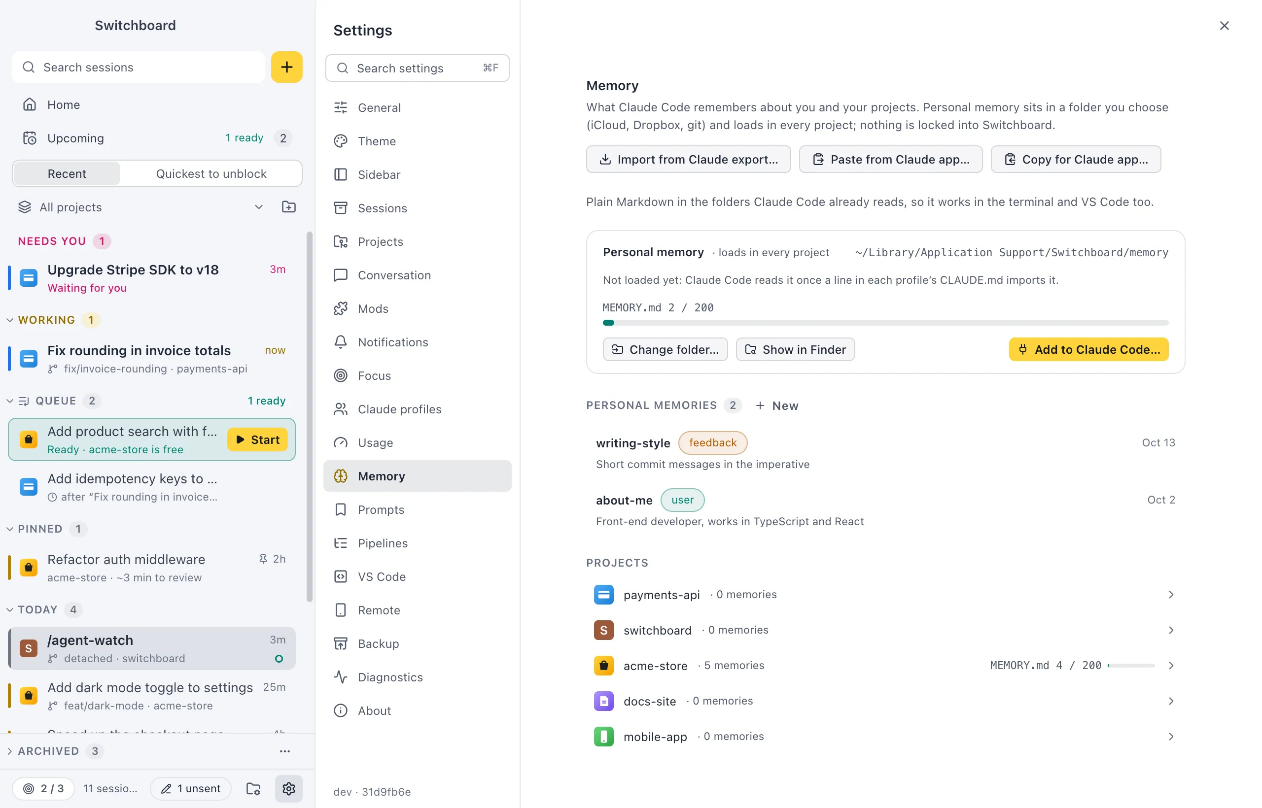 Settings on Memory: Import from Claude export, Paste from Claude app and Copy for Claude app, the Personal memory card with its folder, MEMORY.md meter and Remove from Claude Code, the Personal memories list and every project with its memory count