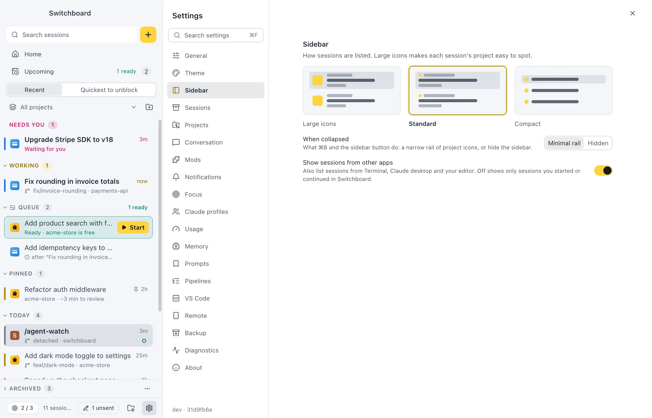 Settings open on Sidebar: the three sidebar styles, the When collapsed choice, and the Show sessions from other apps switch