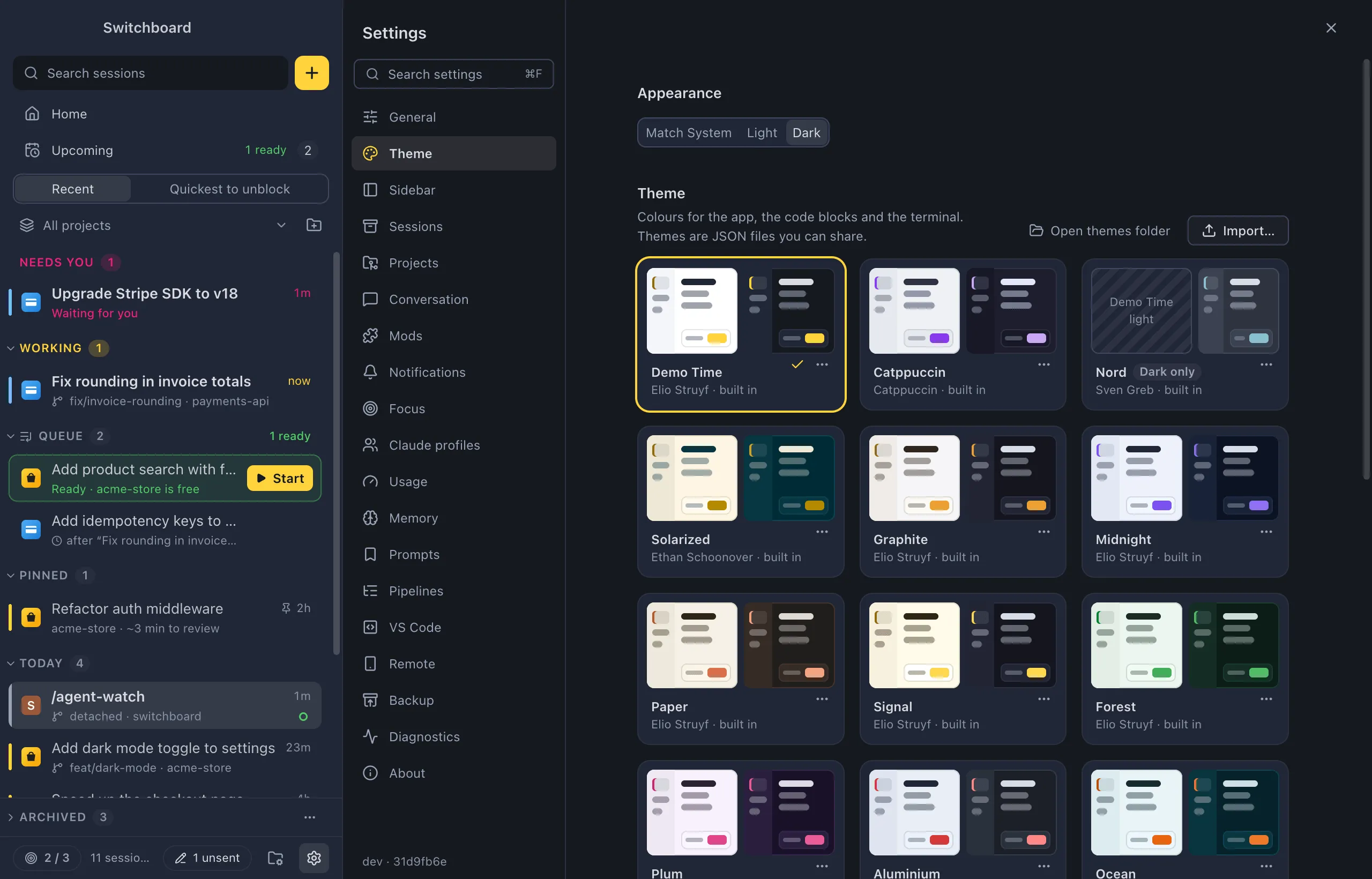 Settings open on Theme: the Appearance control, then a grid of theme cards, each with a light and a dark preview, its name and author, and a dashed card to drop a theme file on