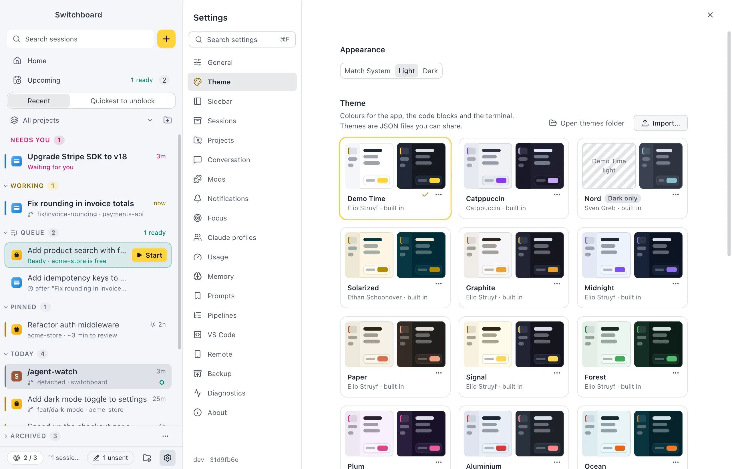 Settings open on Theme: the Appearance control, then a grid of theme cards, each with a light and a dark preview, its name and author, and a dashed card to drop a theme file on
