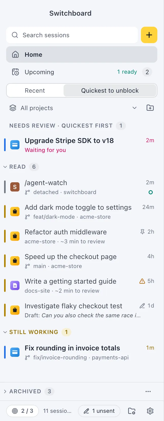 The sidebar sorted by Quickest to unblock: Needs review · quickest first, then Read, with review times and a warning on a session that changed a file outside the plan, then Still working