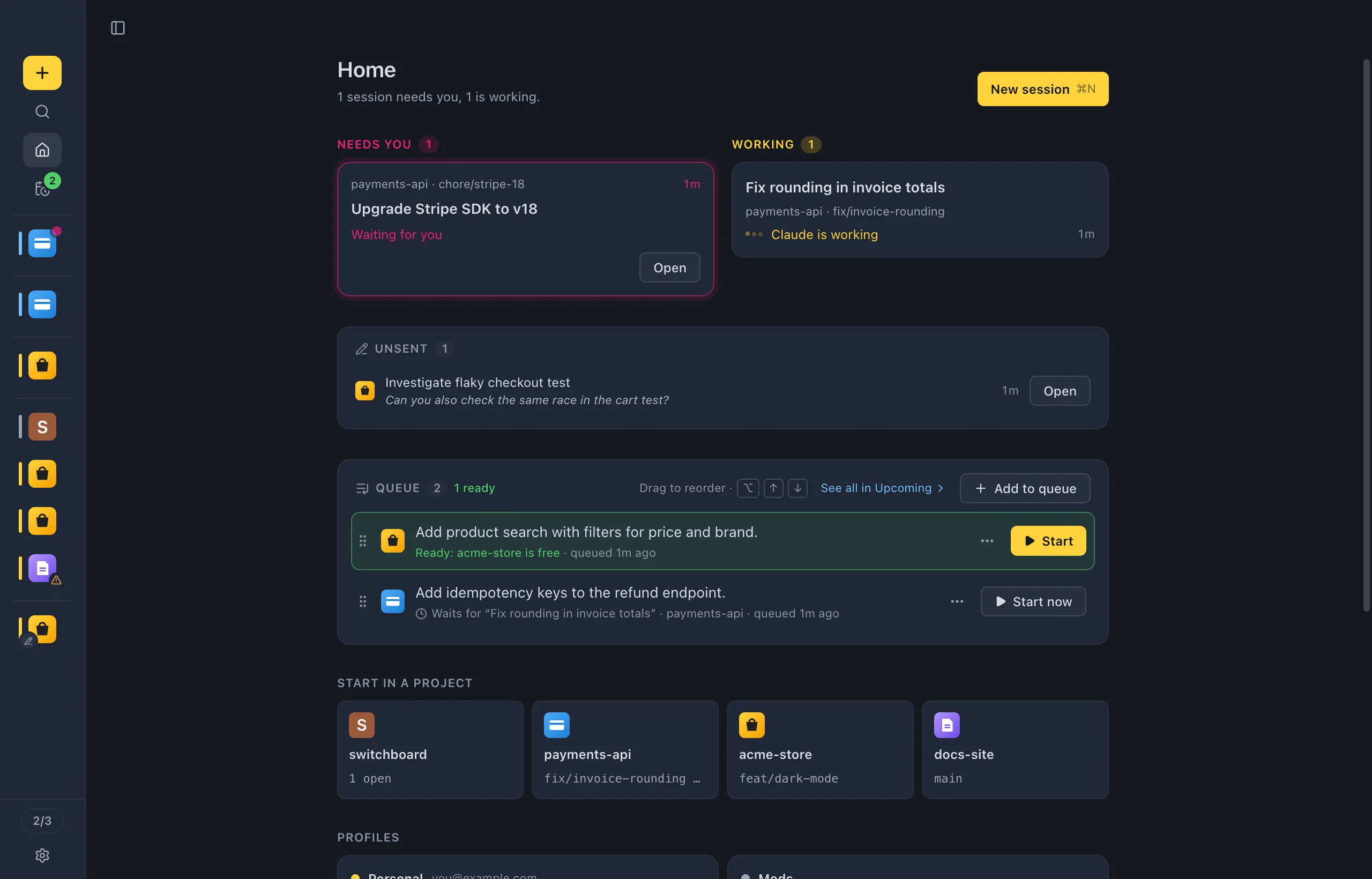 The sidebar collapsed to the minimal rail: one project icon per session, in the same groups and order