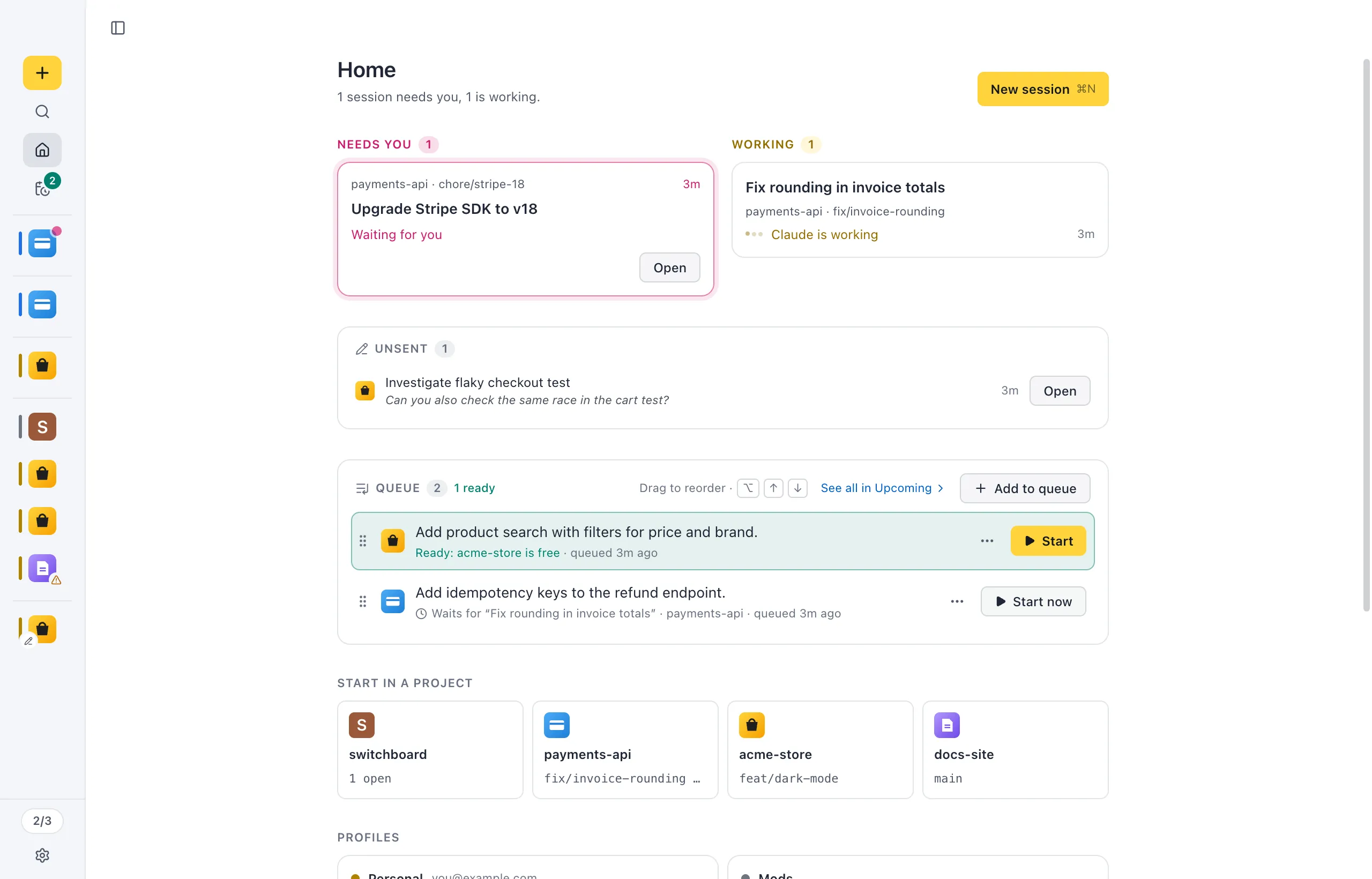 The sidebar collapsed to the minimal rail: one project icon per session, in the same groups and order