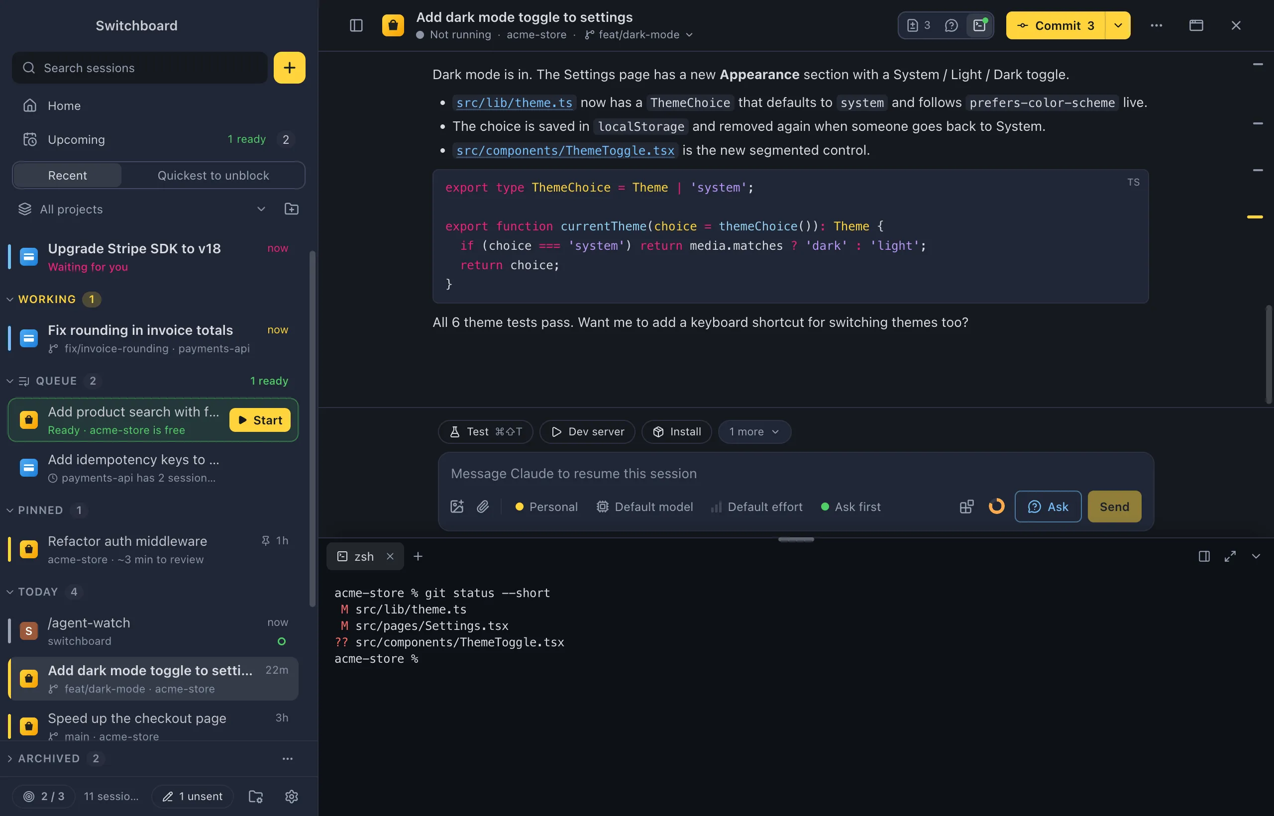 A session with the terminal panel open below the conversation: tabs at the top, a shell with output, and buttons to dock, maximize and hide the panel