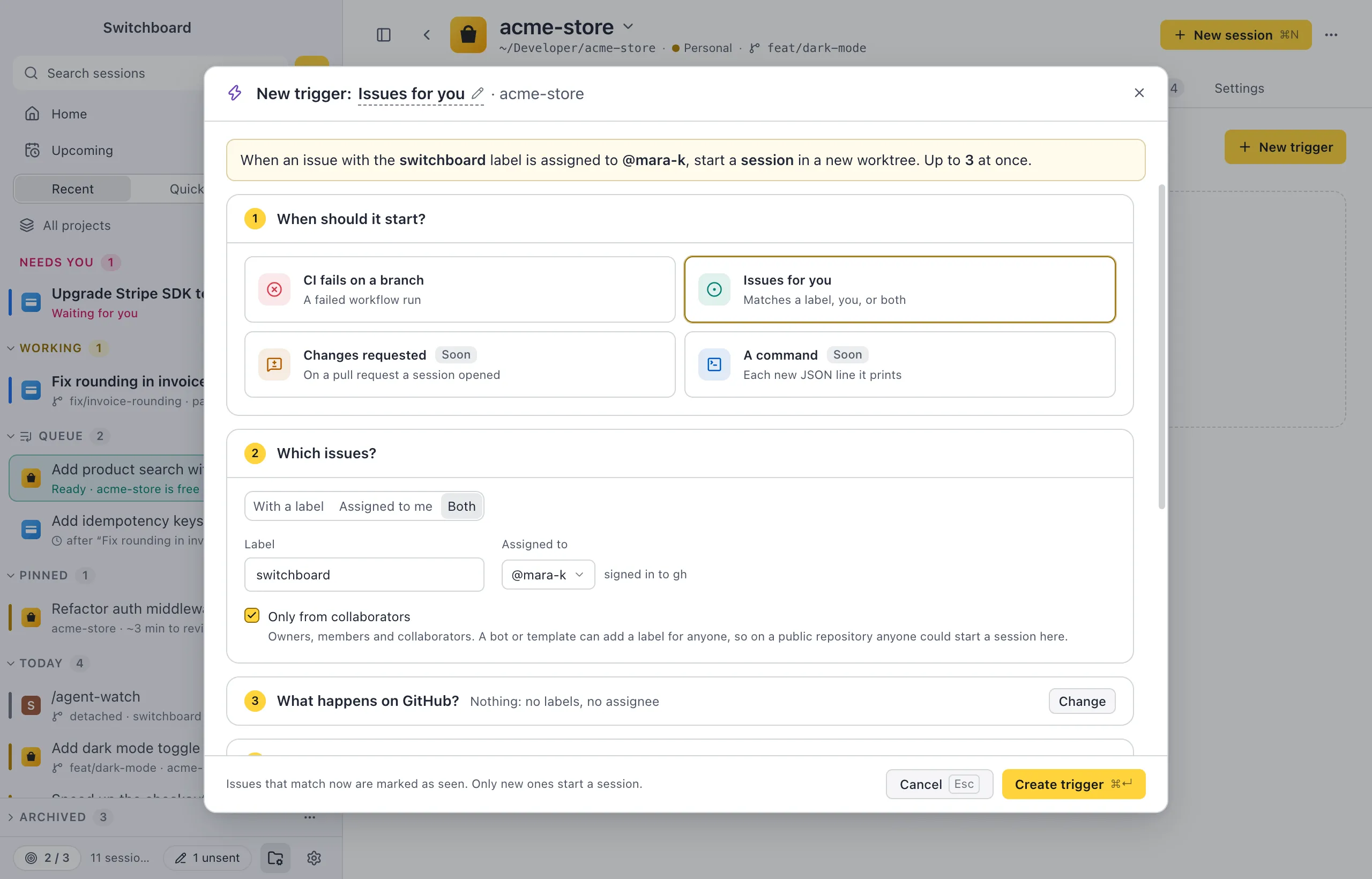 The New trigger dialog: Issues for you picked, Label and assigned to me, the switchboard label, only collaborators, state labels on, the prompt with event fields, what it runs with and how many at once