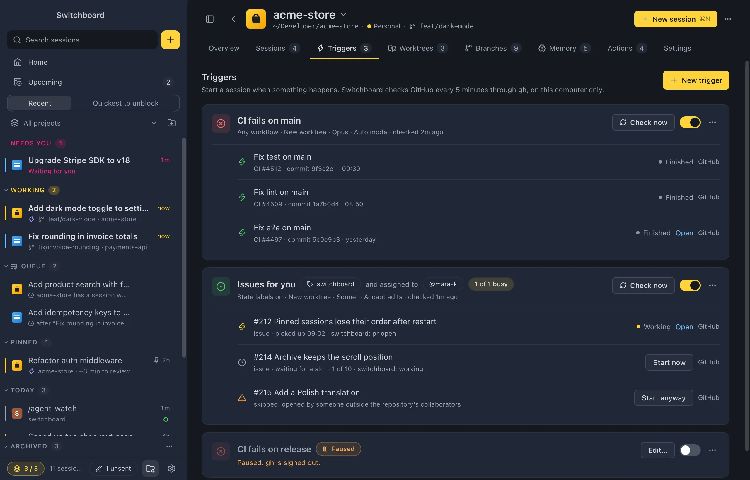 A project's Triggers tab: CI fails on main with three sessions, Issues for you with an issue picked up, one waiting and one skipped, and a paused trigger