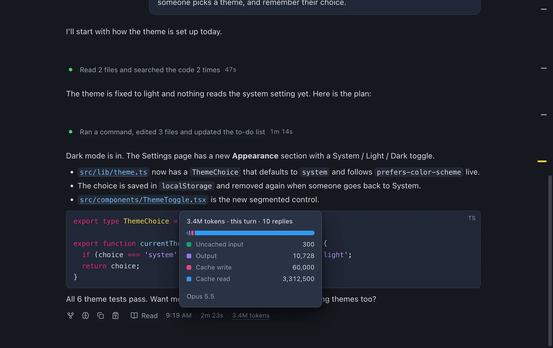 Under Claude's last reply, the time, duration and tokens of the turn, with the tokens' tooltip open: the total, a bar of the token types, a row for each and the model